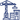 A dark blue outline icon showing a crane lifting a load over two buildings.